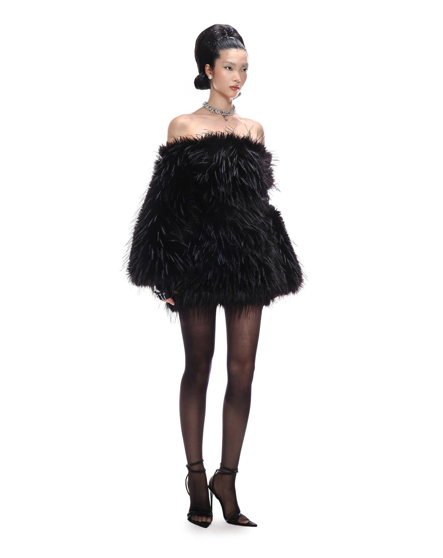BLACK BARDOT FAUX FUR DRESS