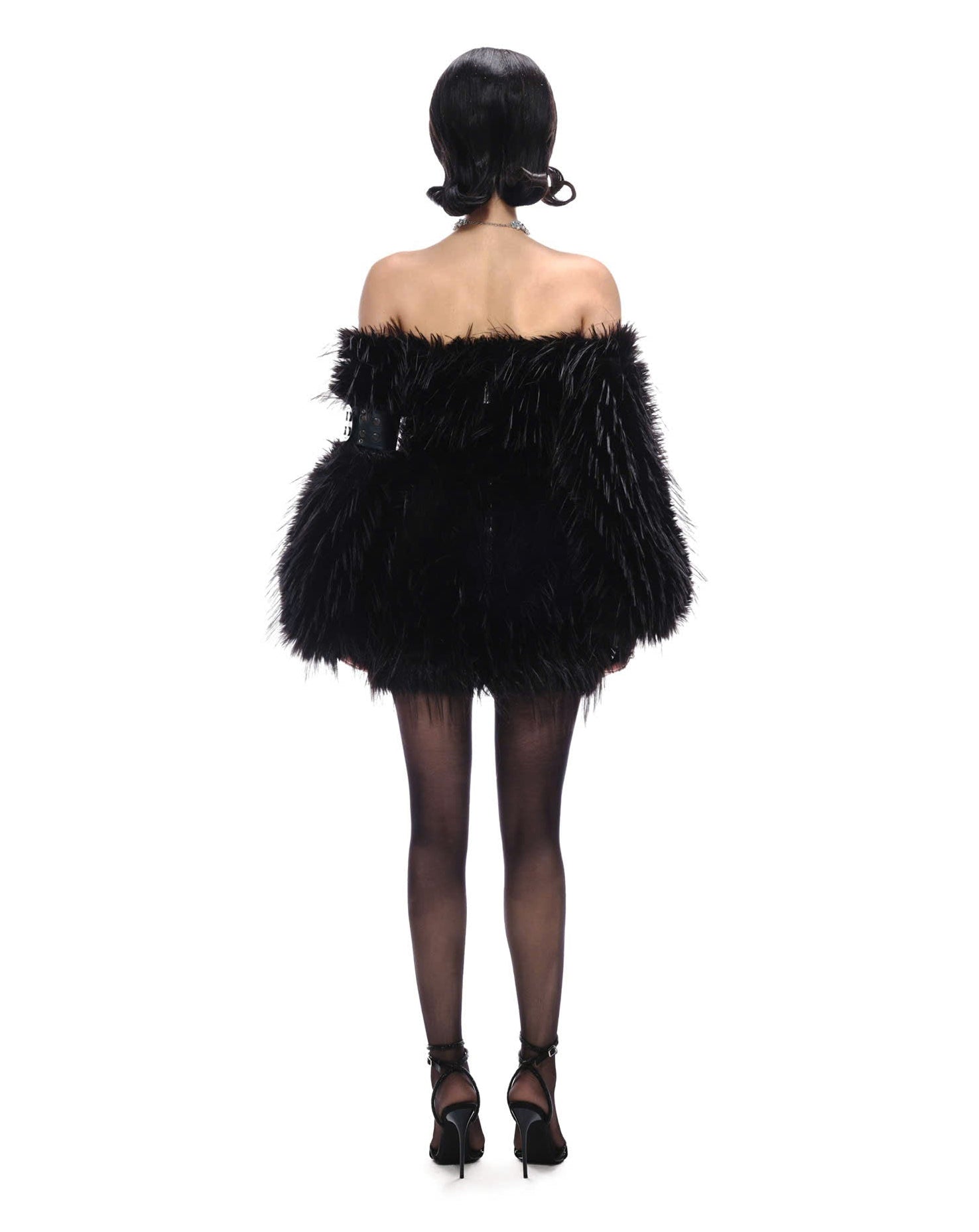 BLACK BARDOT FAUX FUR DRESS