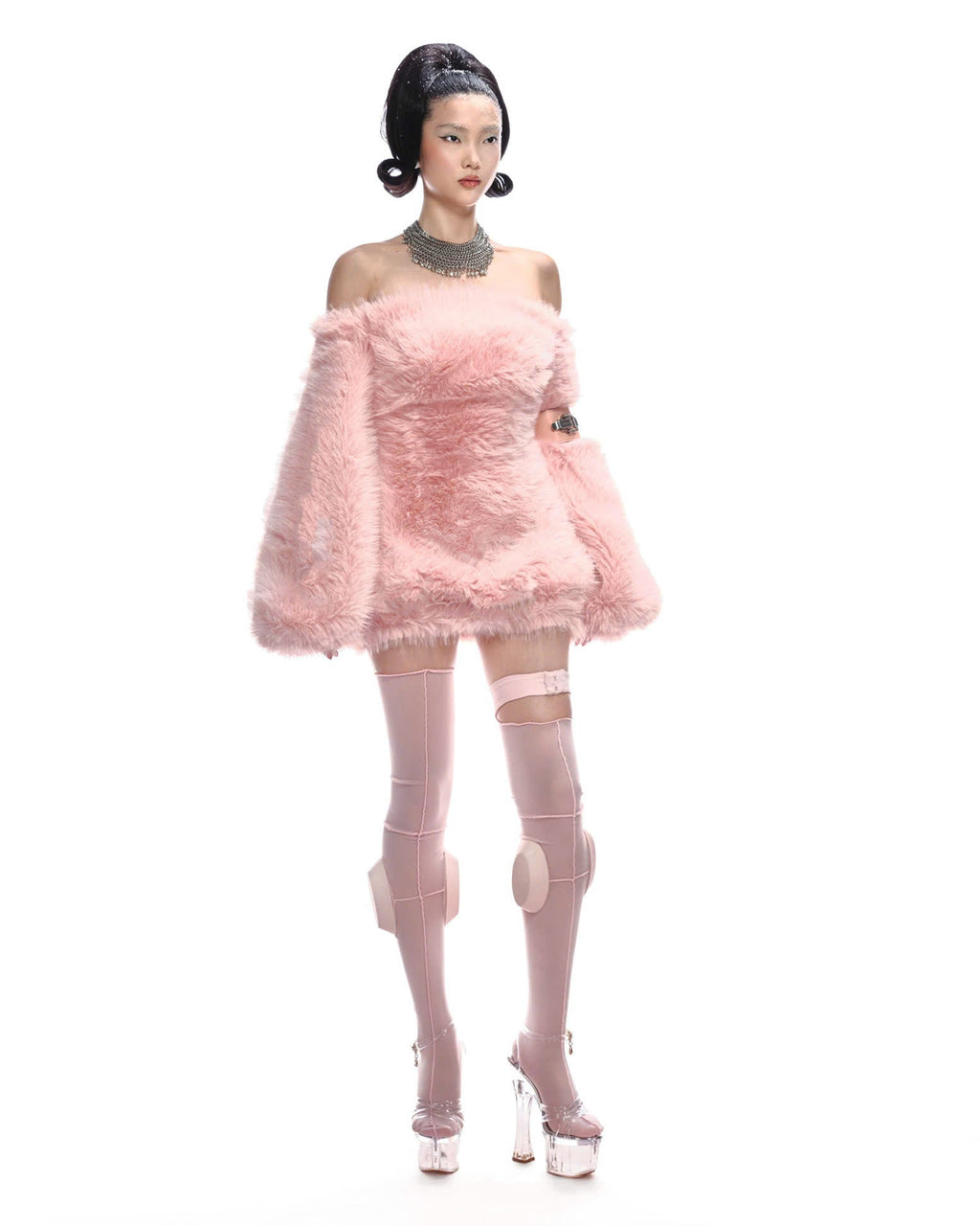 PINK BARDOT FAUX FUR DRESS