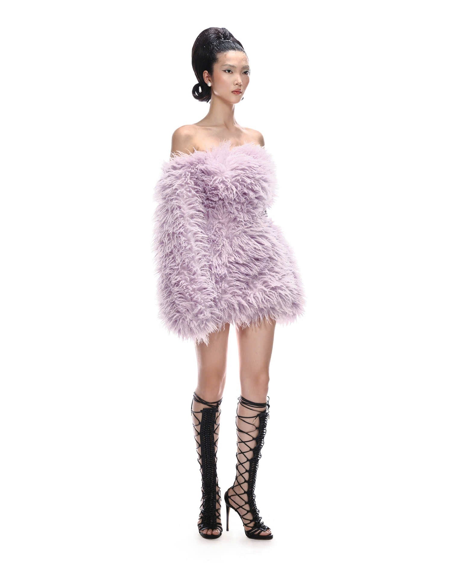 PASTEL VIOLET BARDOT FAUX FUR DRESS