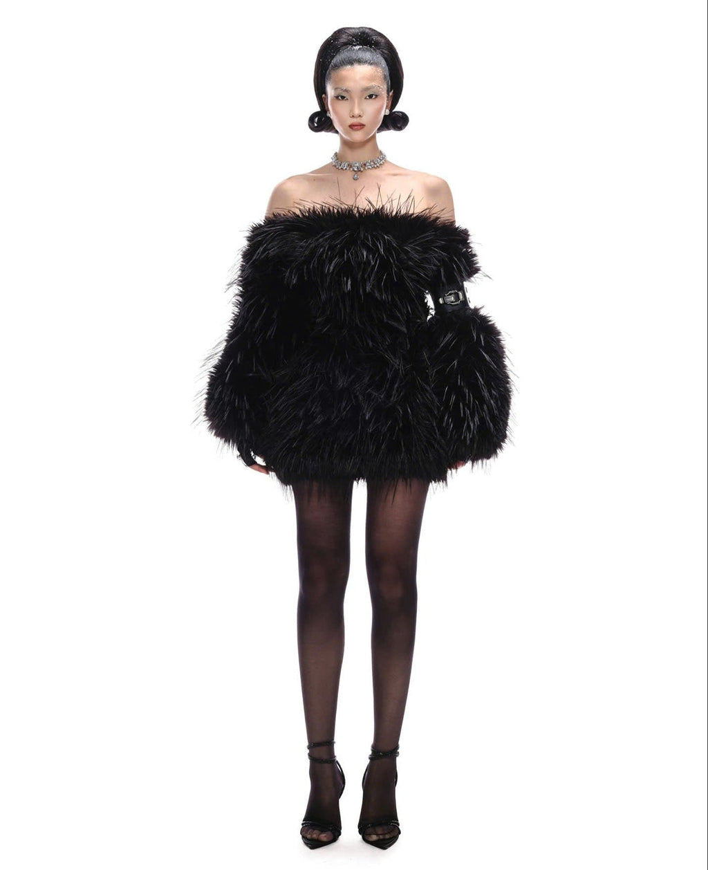 BLACK BARDOT FAUX FUR DRESS